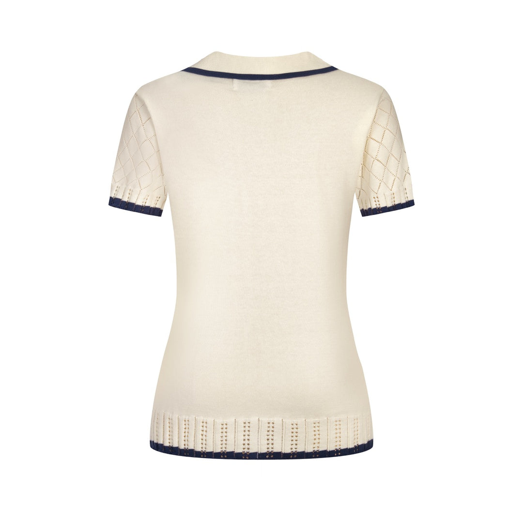 Maglia Polo Knit Jacquard Rétro Minimalista Albicocca Bianco Donna