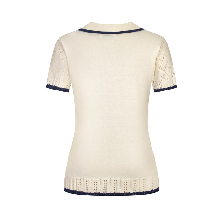 Maglia Polo Knit Jacquard Rétro Minimalista Albicocca Bianco Donna