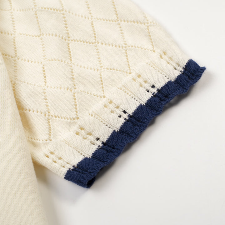 Maglia Polo Knit Jacquard Rétro Minimalista Albicocca Bianco Donna