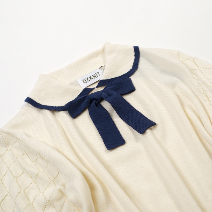Maglia Polo Knit Jacquard Rétro Minimalista Albicocca Bianco Donna