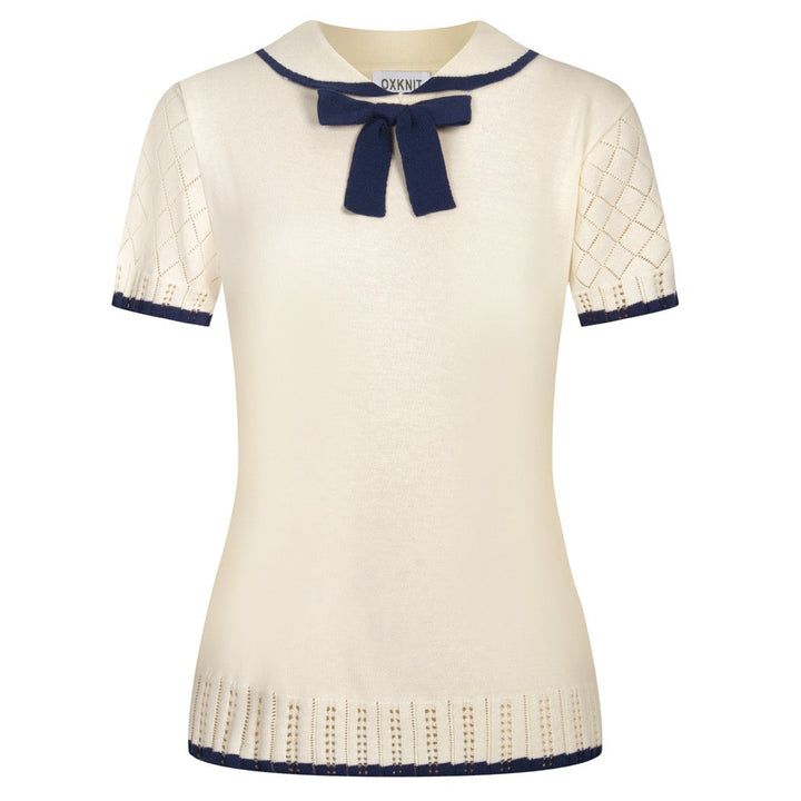 Maglia Polo Knit Jacquard Rétro Minimalista Albicocca Bianco Donna
