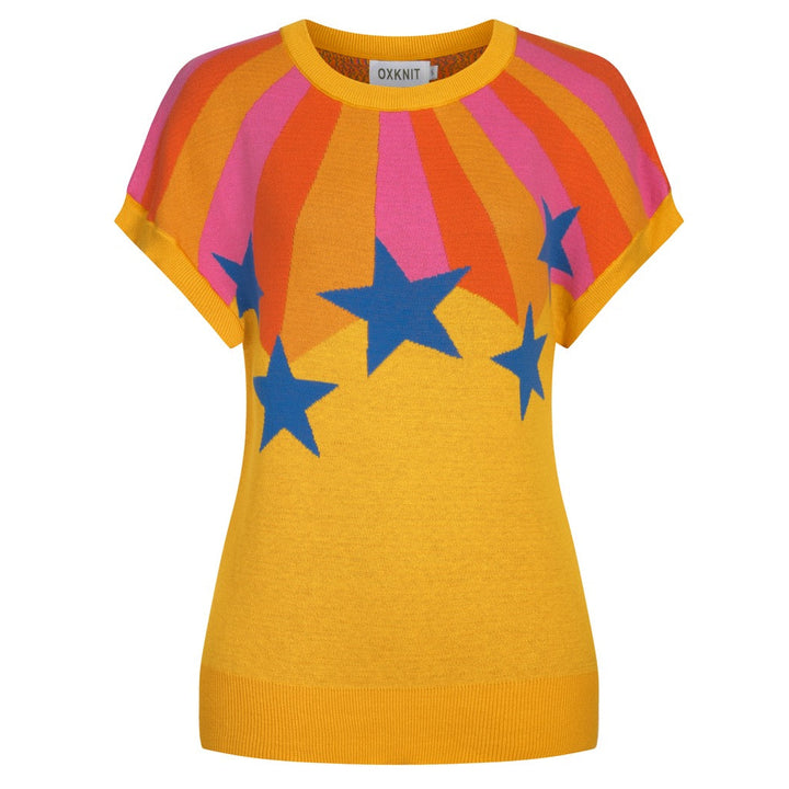 Women's Yellow Vintage Star Art Jacquard Knit T-shirt