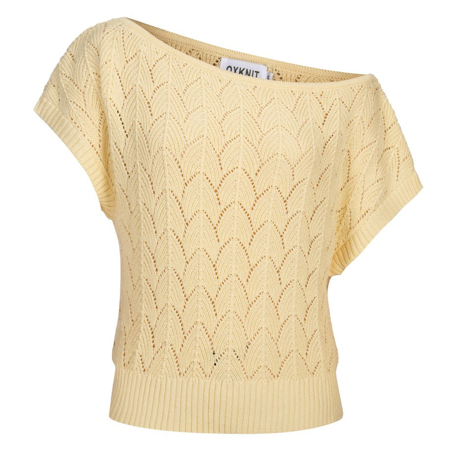 Geel gebreid off-shoulder T-shirt met uitgeholde structuur voor dames - korte lengte