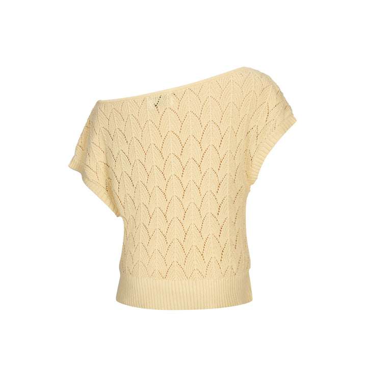 Geel gebreid off-shoulder T-shirt met uitgeholde structuur voor dames - korte lengte