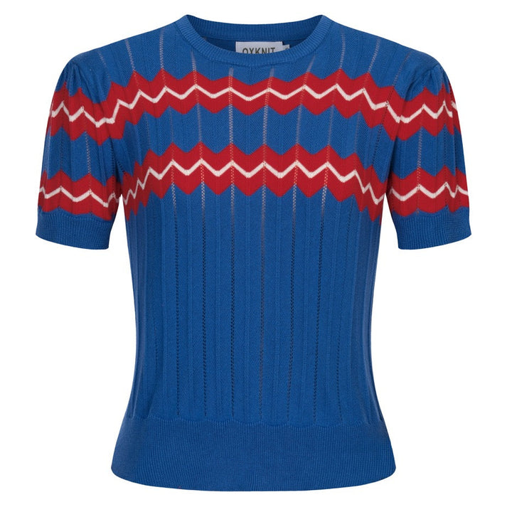 Dame Blå Stribet Hulmønstret Puffærmet Strik T-shirt - Kort Længde