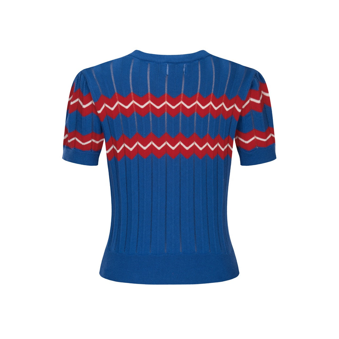 Dame Blå Stribet Hulmønstret Puffærmet Strik T-shirt - Kort Længde