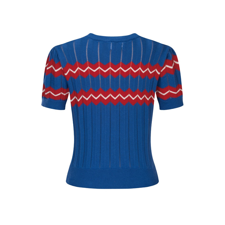 Dame Blå Stribet Hulmønstret Puffærmet Strik T-shirt - Kort Længde