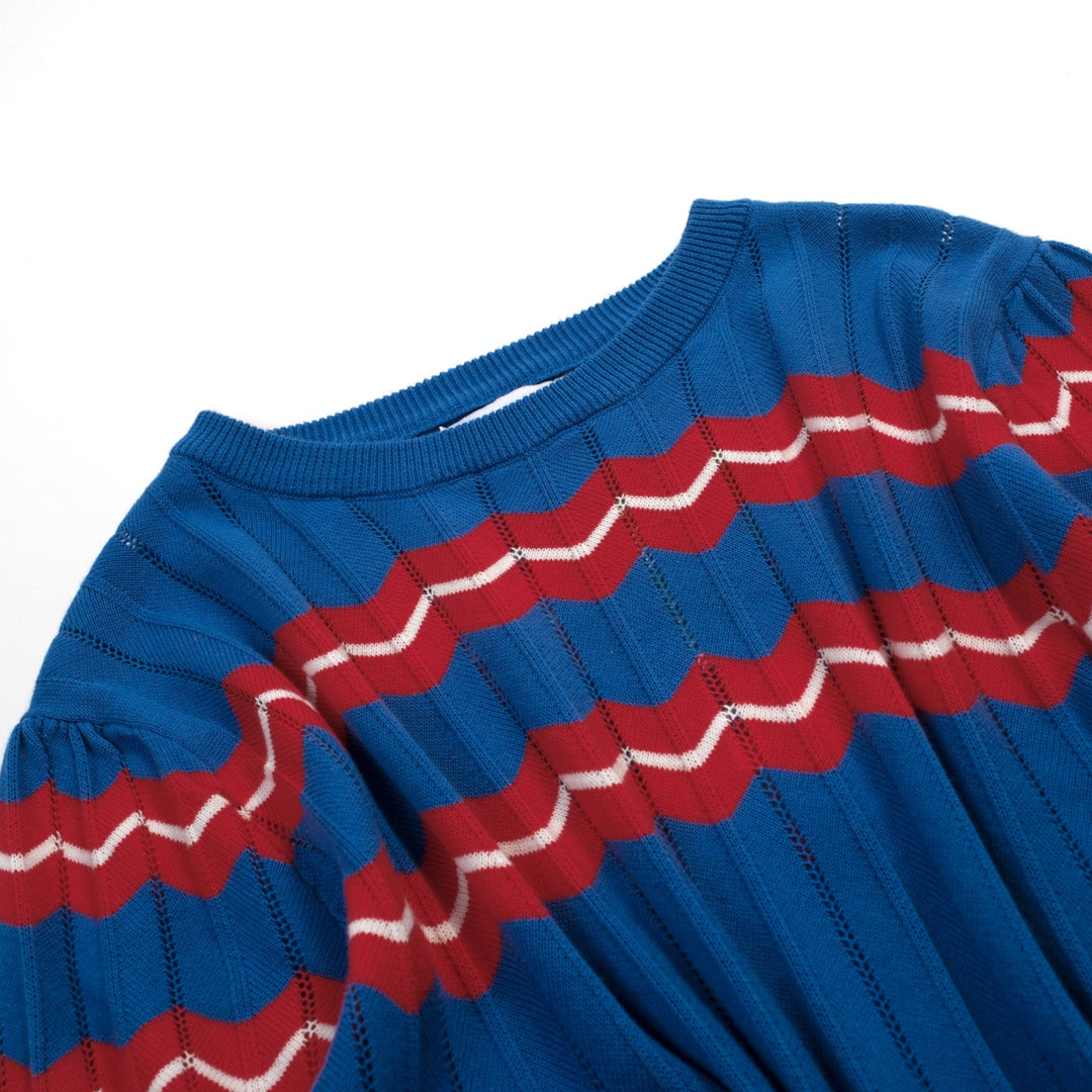 Dame Blå Stribet Hulmønstret Puffærmet Strik T-shirt - Kort Længde