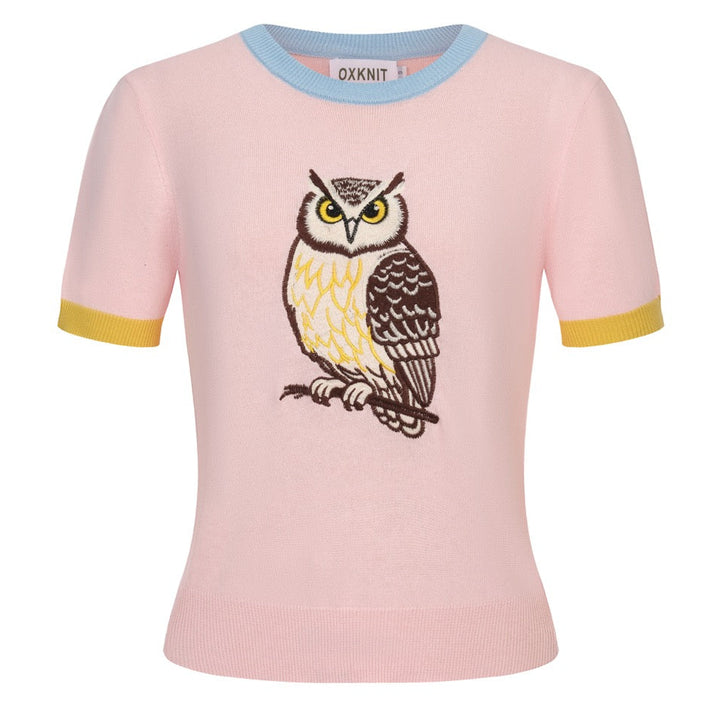 Kvinders pink dyrebroderet strik-T-shirt - beskåret længde