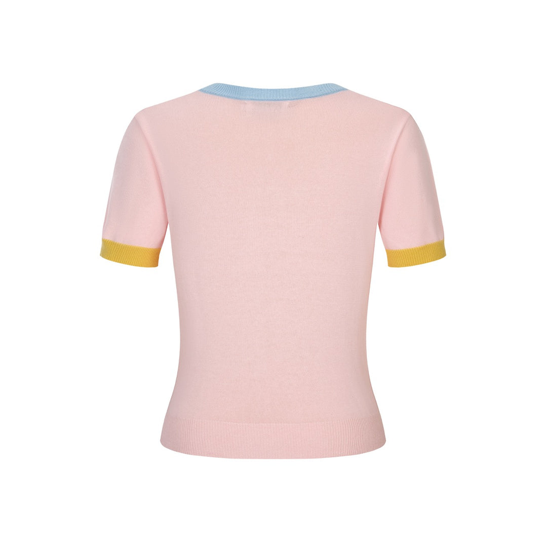 Kvinders pink dyrebroderet strik-T-shirt - beskåret længde
