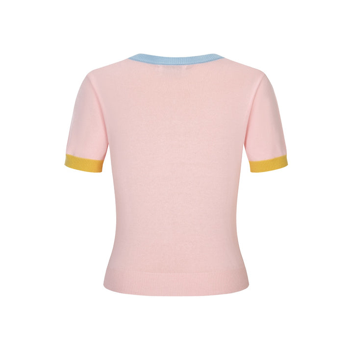 Kvinders pink dyrebroderet strik-T-shirt - beskåret længde