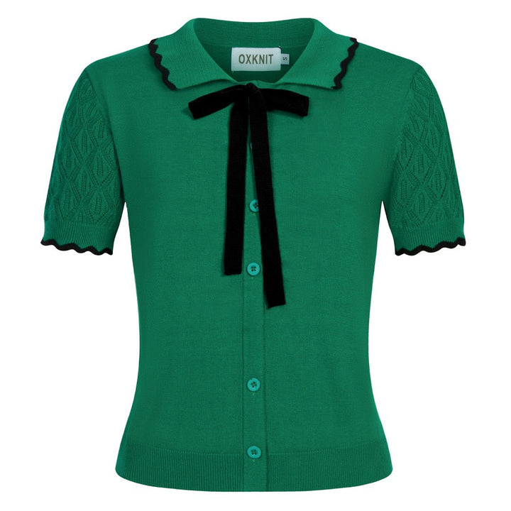 T-shirt Tricot Femme Col Polo Nœud Vert - Longueur Cropped