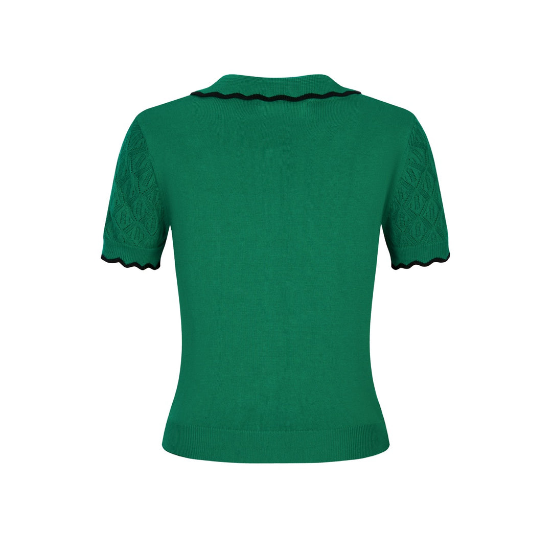 T-shirt Tricot Femme Col Polo Nœud Vert - Longueur Cropped