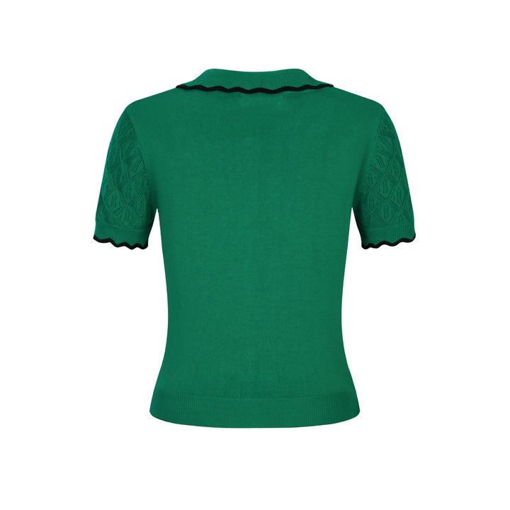 T-shirt Tricot Femme Col Polo Nœud Vert - Longueur Cropped