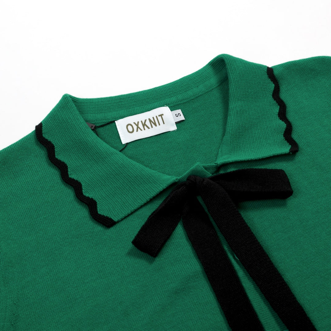 T-shirt Tricot Femme Col Polo Nœud Vert - Longueur Cropped
