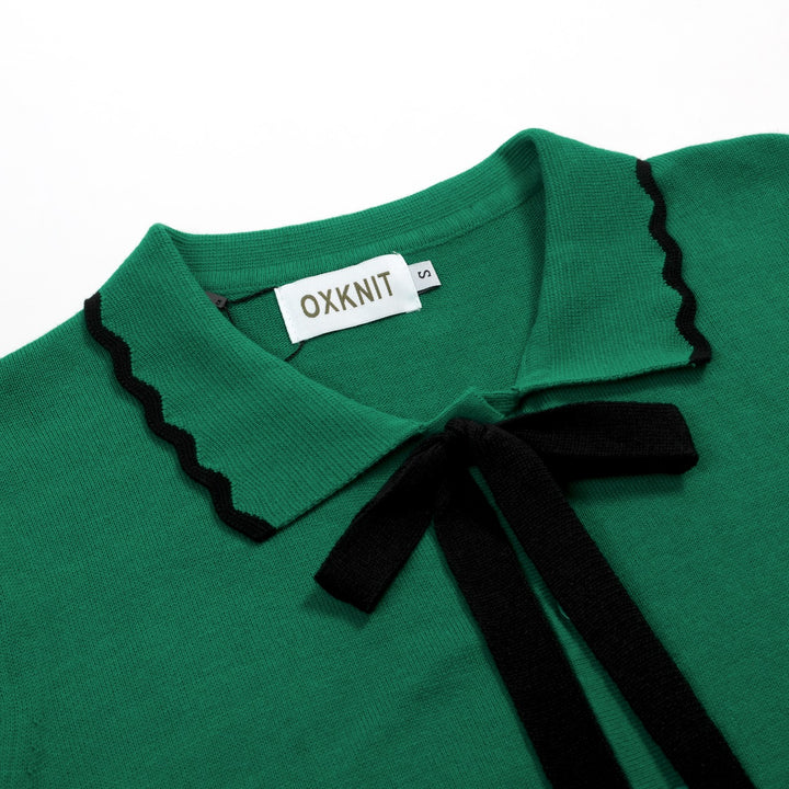 T-shirt Tricot Femme Col Polo Nœud Vert - Longueur Cropped