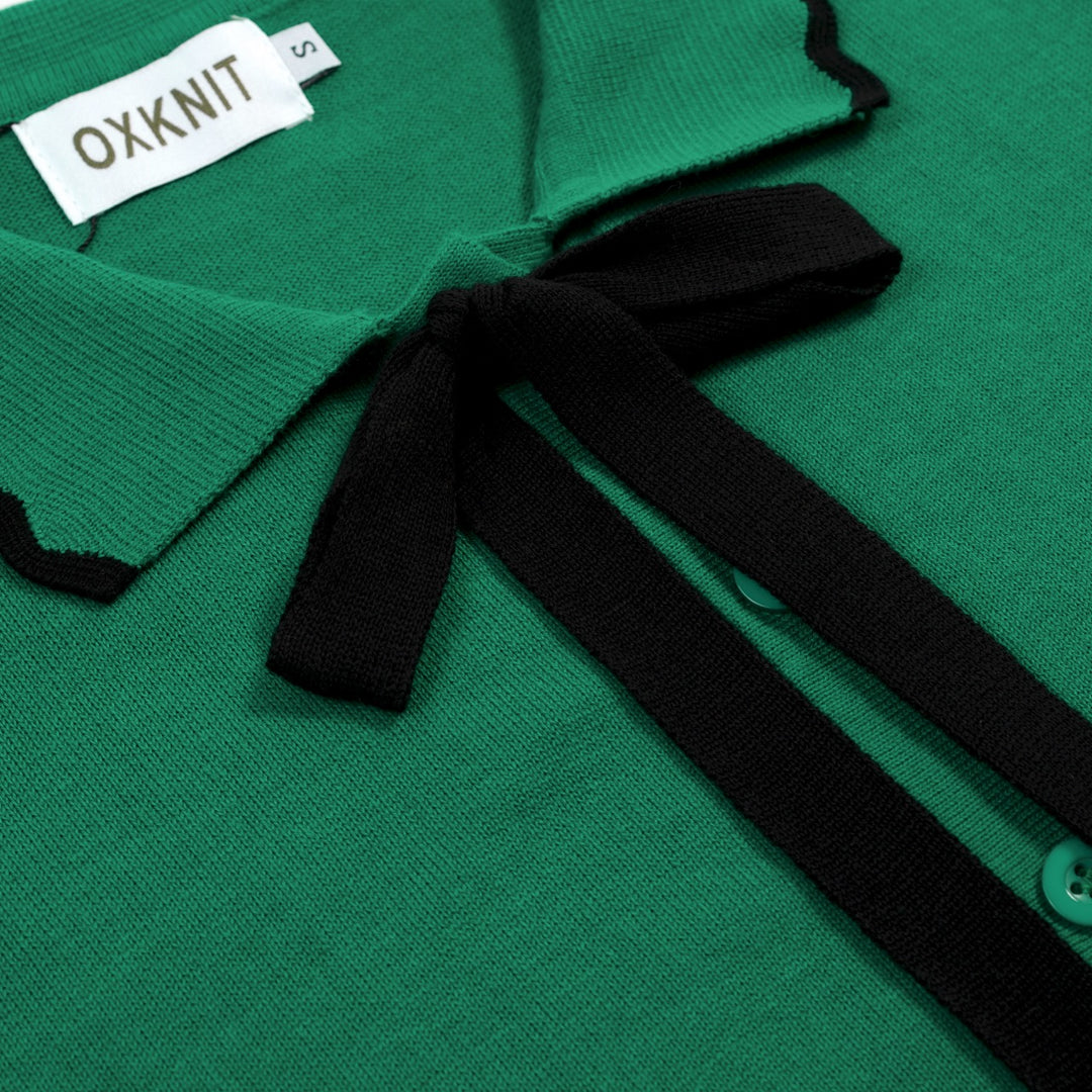 T-shirt Tricot Femme Col Polo Nœud Vert - Longueur Cropped