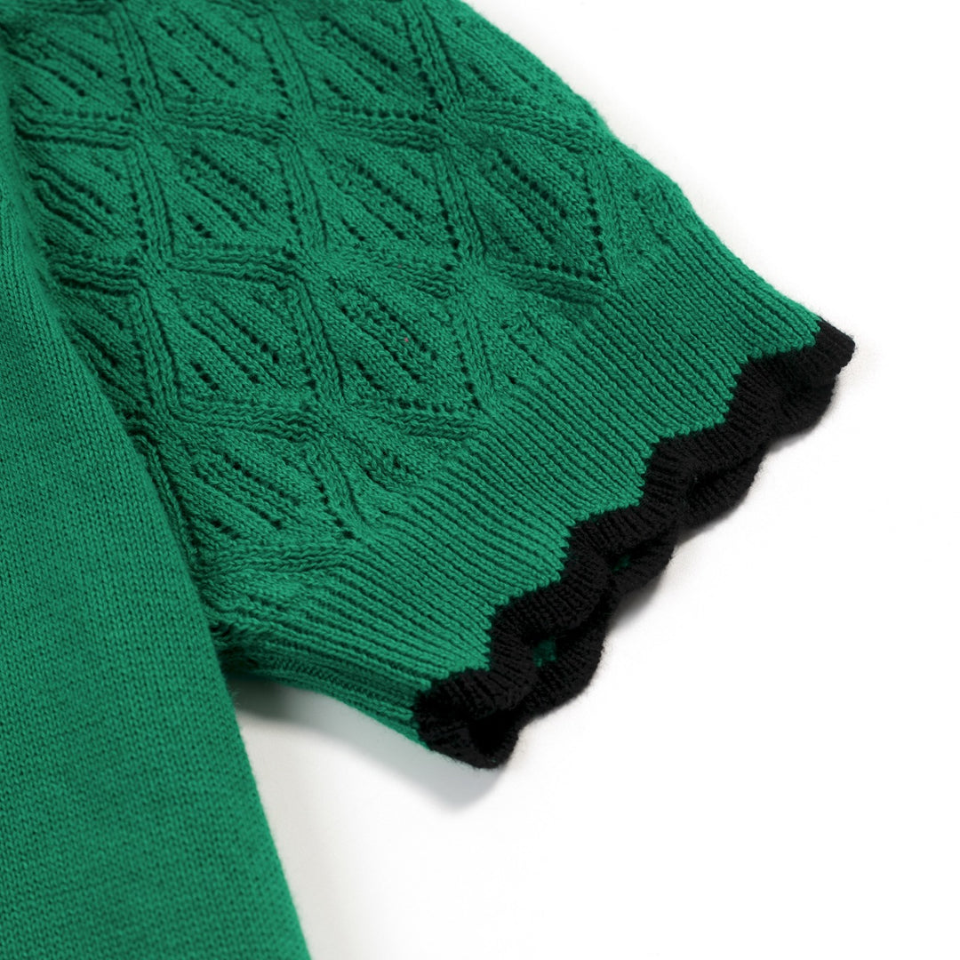 T-shirt Tricot Femme Col Polo Nœud Vert - Longueur Cropped
