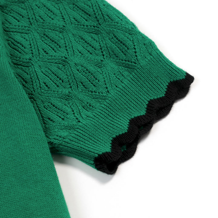 T-shirt Tricot Femme Col Polo Nœud Vert - Longueur Cropped