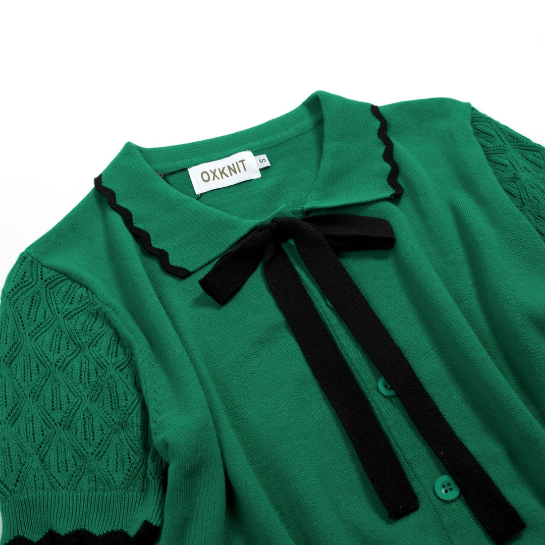 T-shirt Tricot Femme Col Polo Nœud Vert - Longueur Cropped