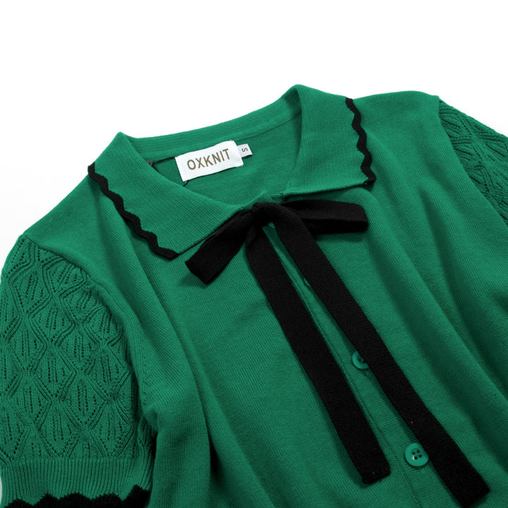 T-shirt Tricot Femme Col Polo Nœud Vert - Longueur Cropped