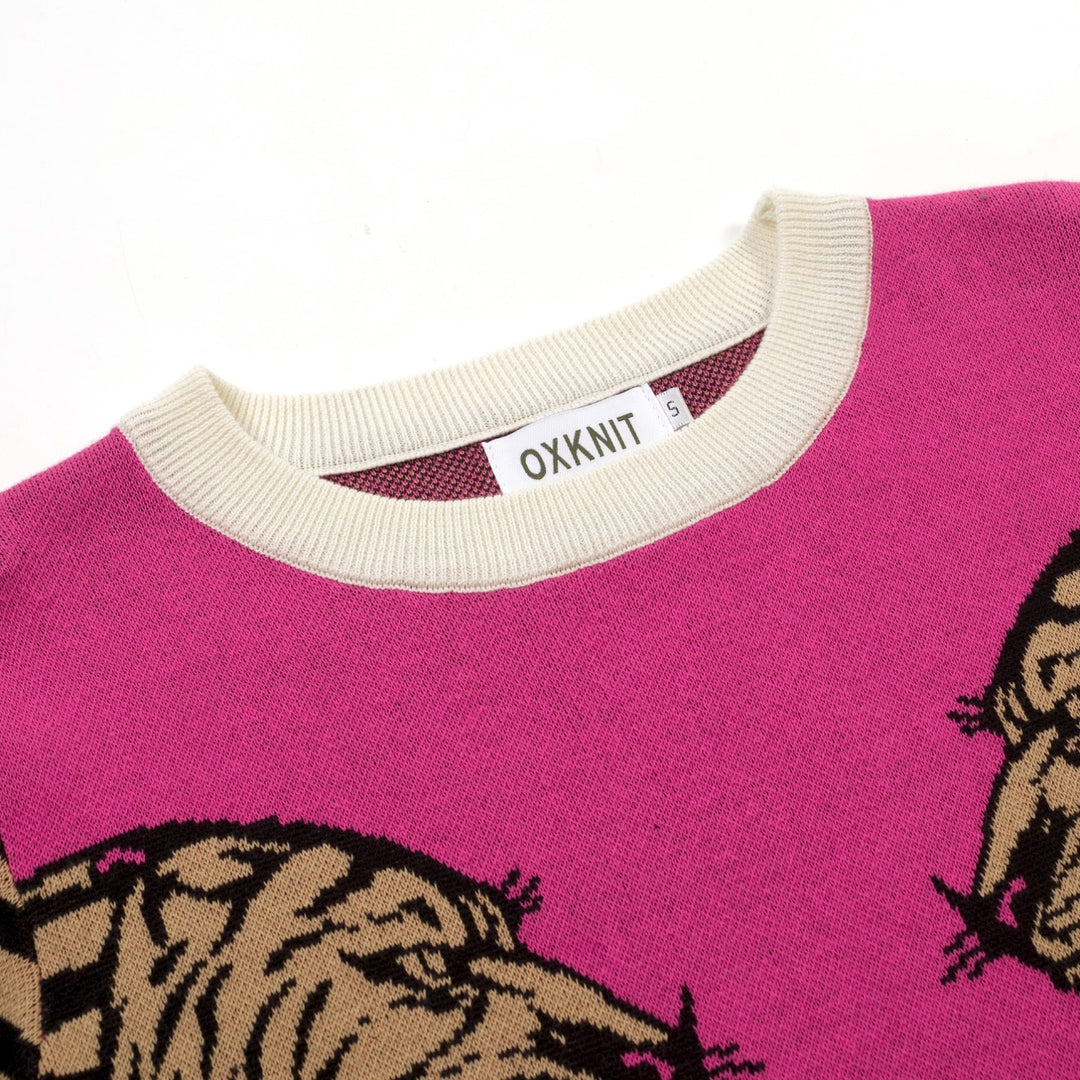 Damernas retro rosa leopardmönstrad jacquardstickad konst-T-shirt
