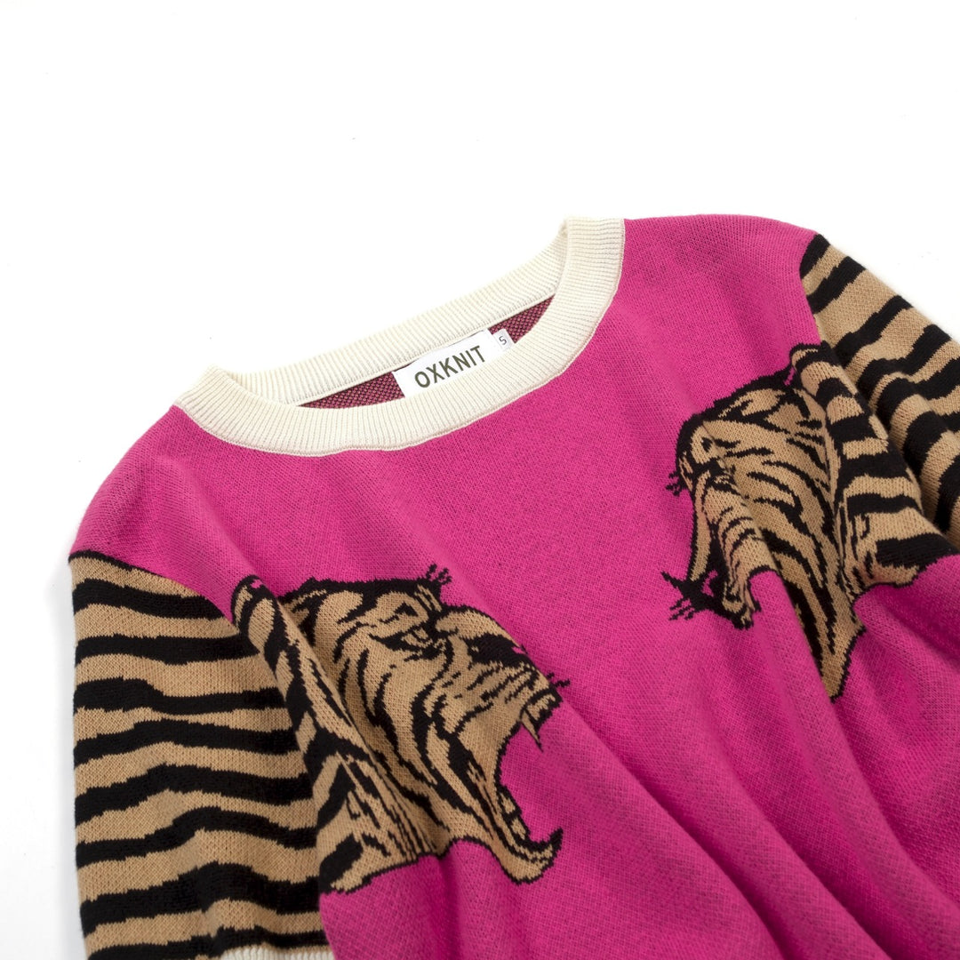 Damernas retro rosa leopardmönstrad jacquardstickad konst-T-shirt