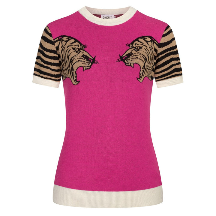 Damernas retro rosa leopardmönstrad jacquardstickad konst-T-shirt