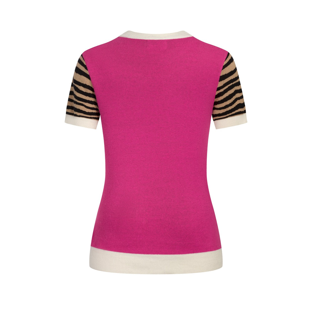 Damernas retro rosa leopardmönstrad jacquardstickad konst-T-shirt