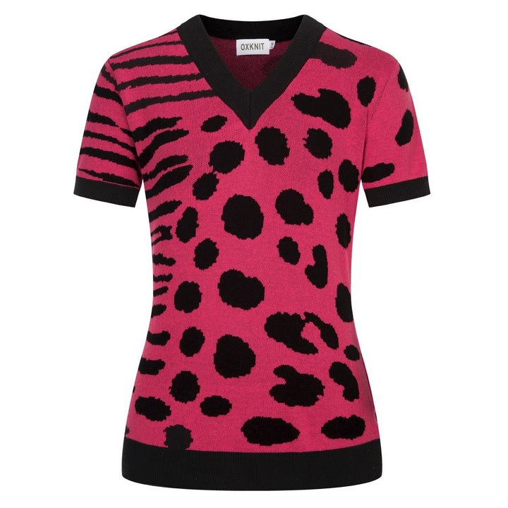 Dames Roze Retro Luipaardprint Art Jacquard Gebreid T-Shirt