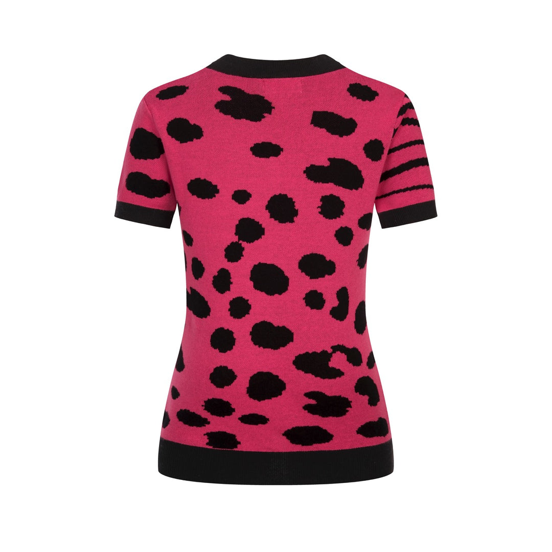 Dames Roze Retro Luipaardprint Art Jacquard Gebreid T-Shirt