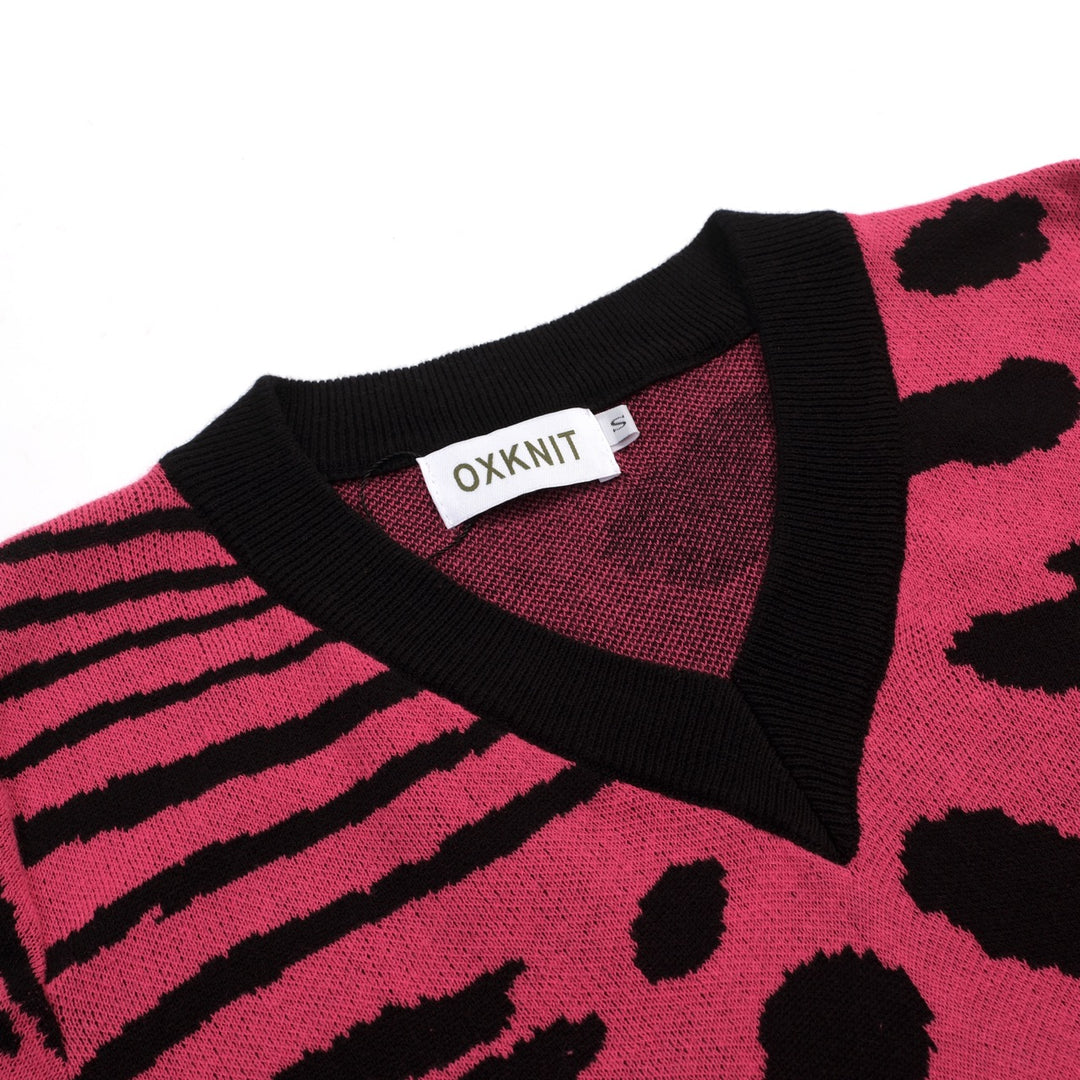 Dames Roze Retro Luipaardprint Art Jacquard Gebreid T-Shirt