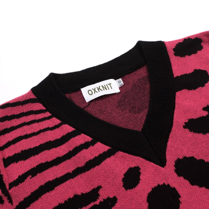 Dames Roze Retro Luipaardprint Art Jacquard Gebreid T-Shirt