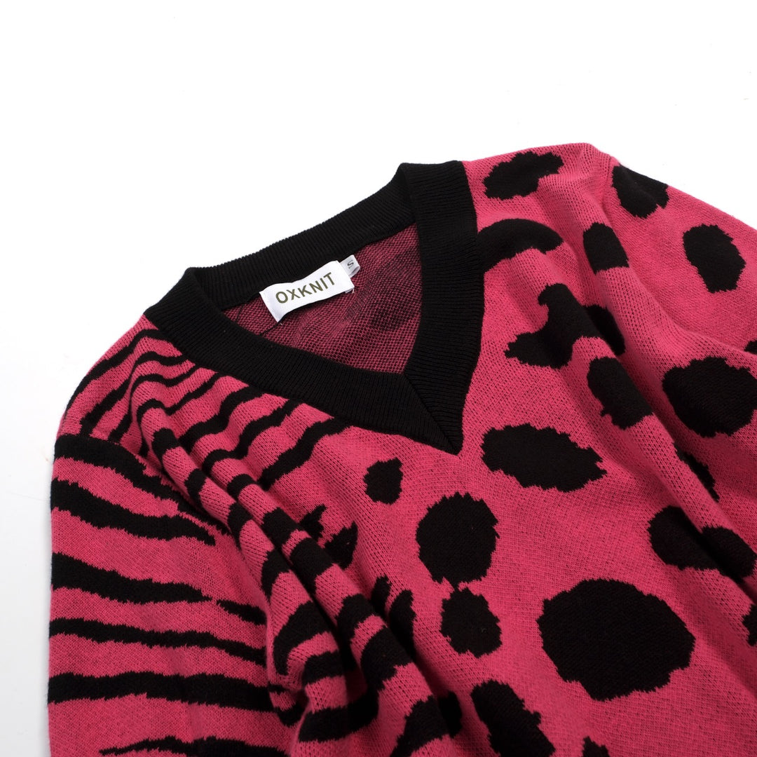 Dames Roze Retro Luipaardprint Art Jacquard Gebreid T-Shirt