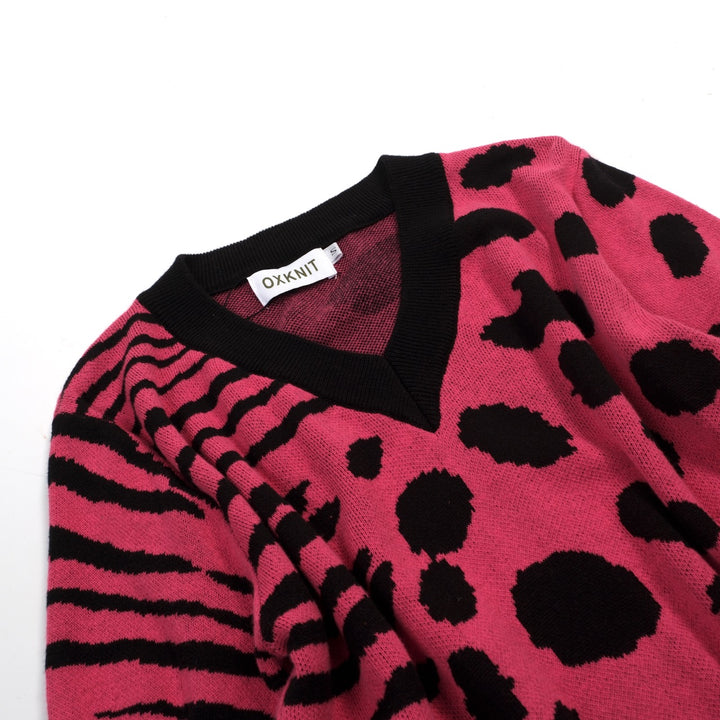 Dames Roze Retro Luipaardprint Art Jacquard Gebreid T-Shirt