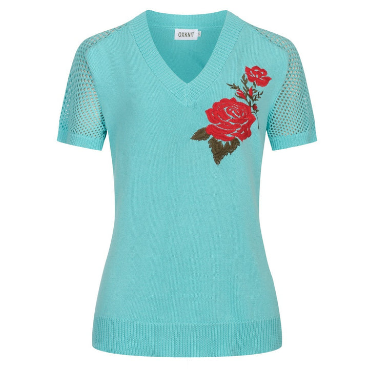 Mintgrön 1960-tals rosébroderad V-ringad T-shirt för kvinnor