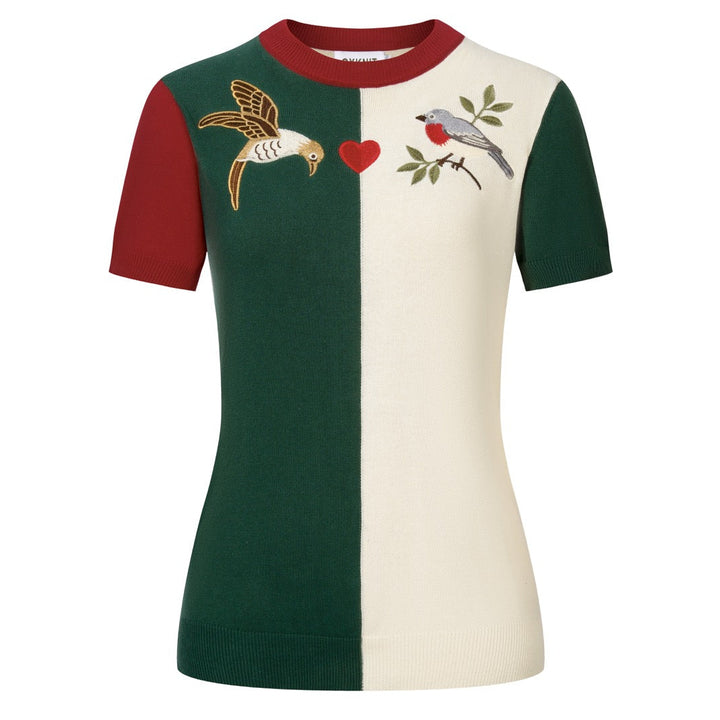 Stickad T-shirt med retro patchwork fågelbroderidesign för kvinnor