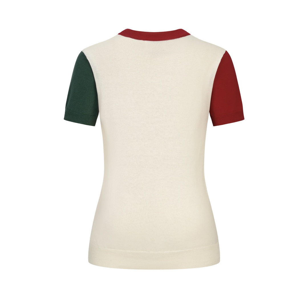 Stickad T-shirt med retro patchwork fågelbroderidesign för kvinnor