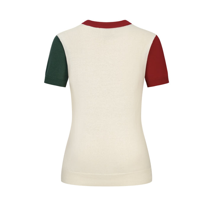 Stickad T-shirt med retro patchwork fågelbroderidesign för kvinnor