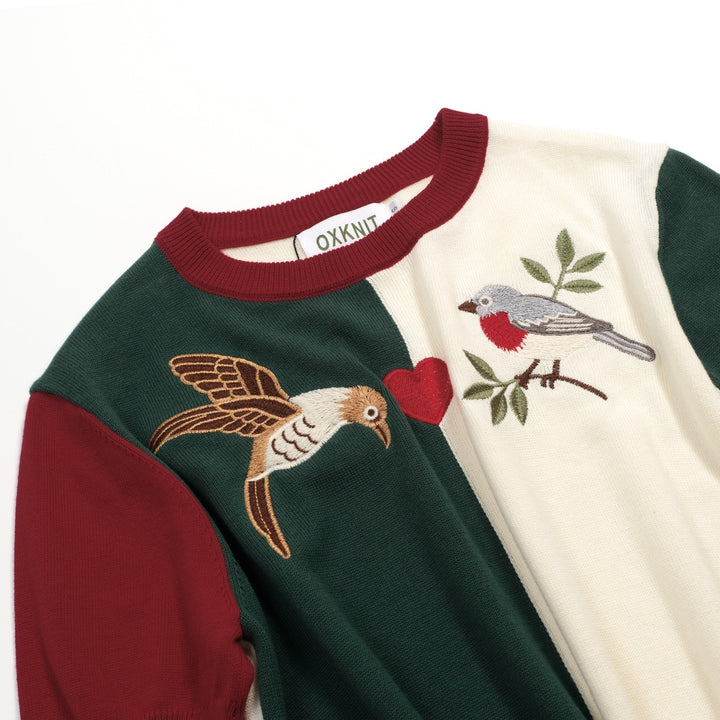 Stickad T-shirt med retro patchwork fågelbroderidesign för kvinnor