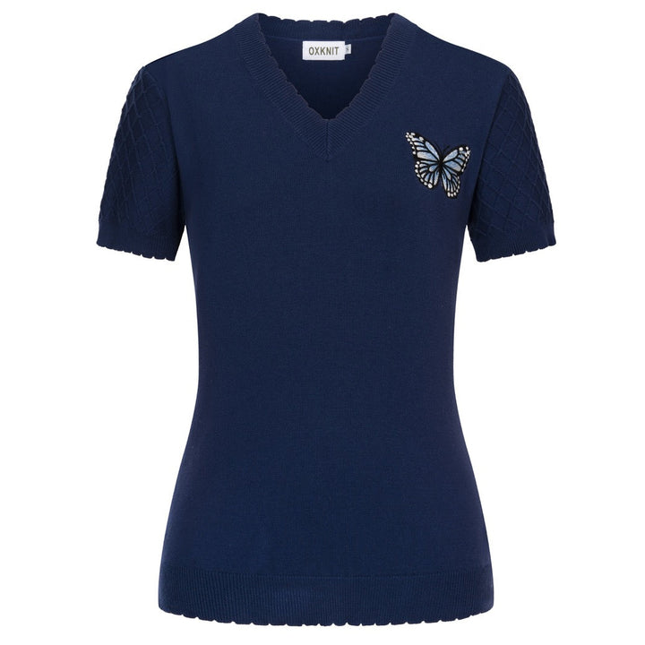 Maglietta da donna blu scuro con scollo a V e ricamo a farfalla