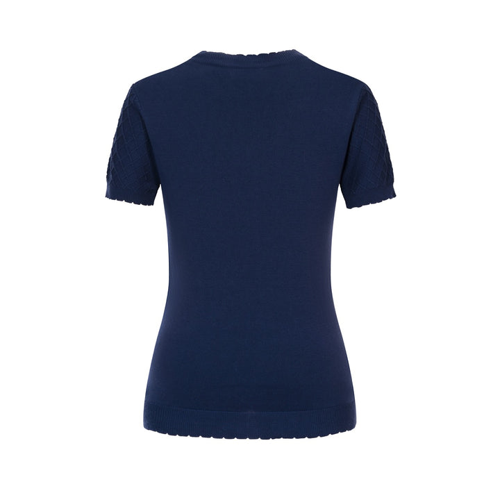 Maglietta da donna blu scuro con scollo a V e ricamo a farfalla