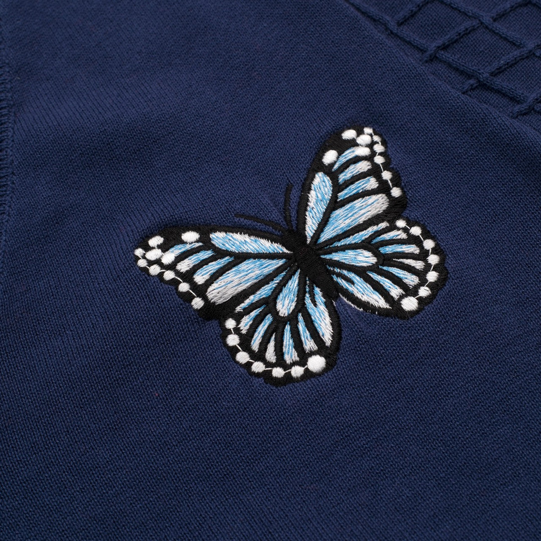 Maglietta da donna blu scuro con scollo a V e ricamo a farfalla