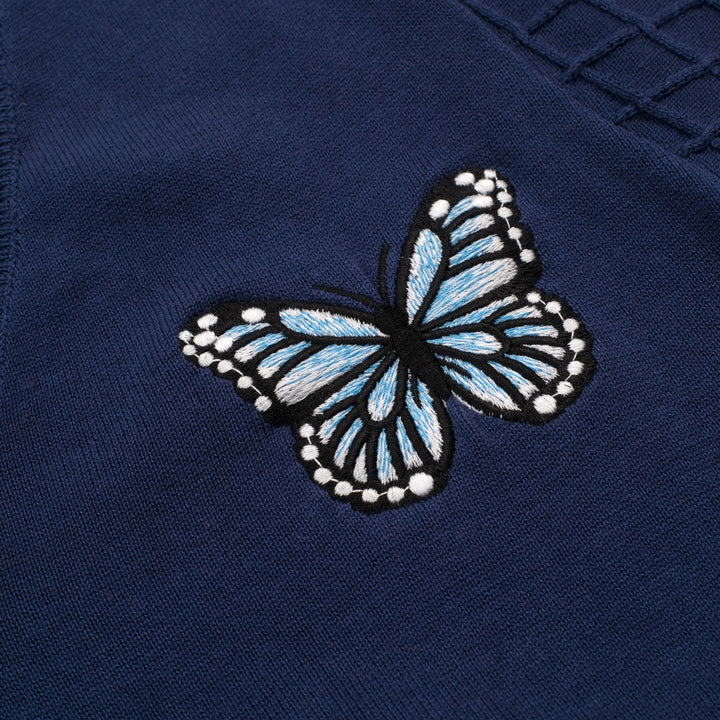 Maglietta da donna blu scuro con scollo a V e ricamo a farfalla