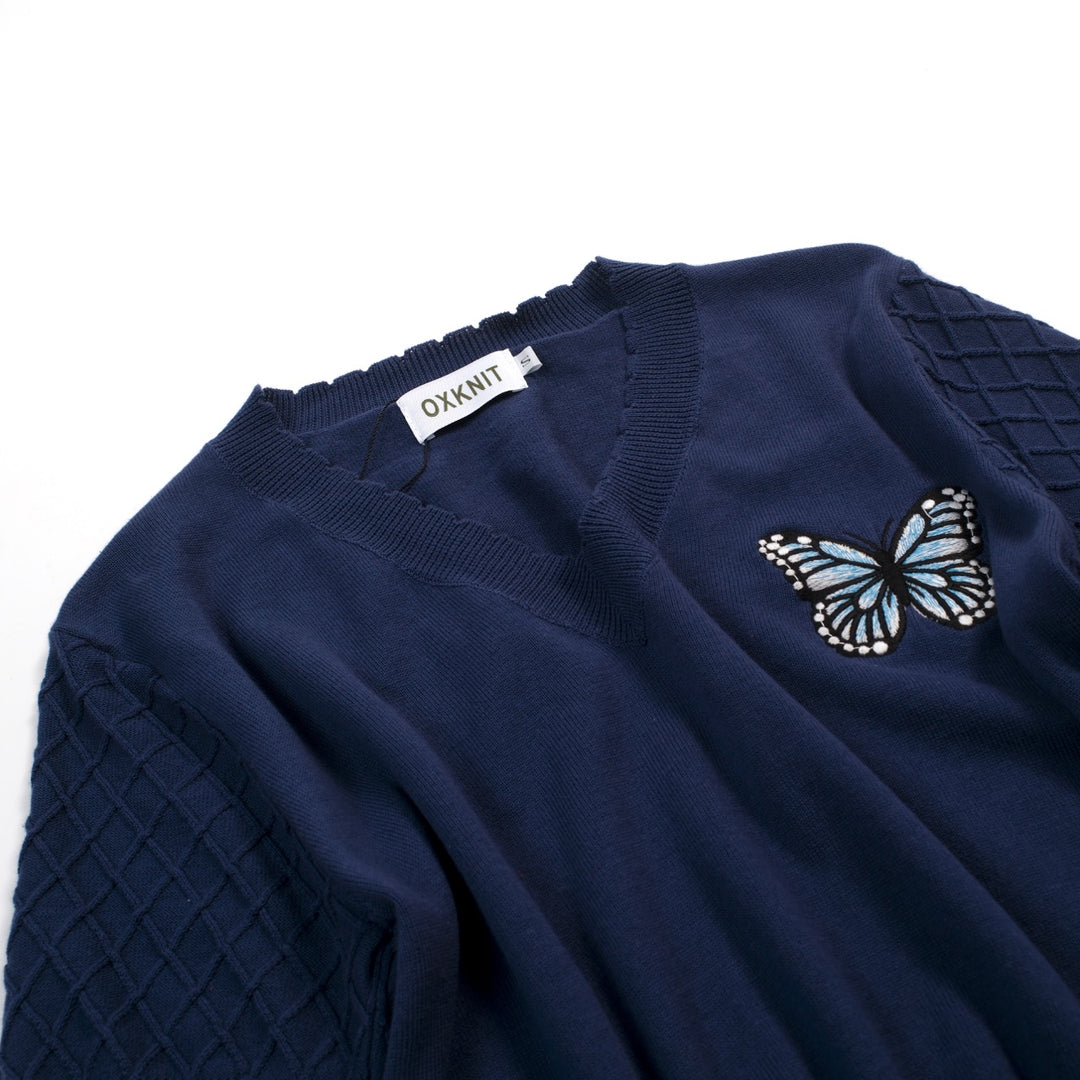 Maglietta da donna blu scuro con scollo a V e ricamo a farfalla
