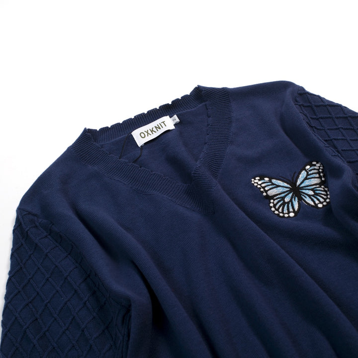 Maglietta da donna blu scuro con scollo a V e ricamo a farfalla