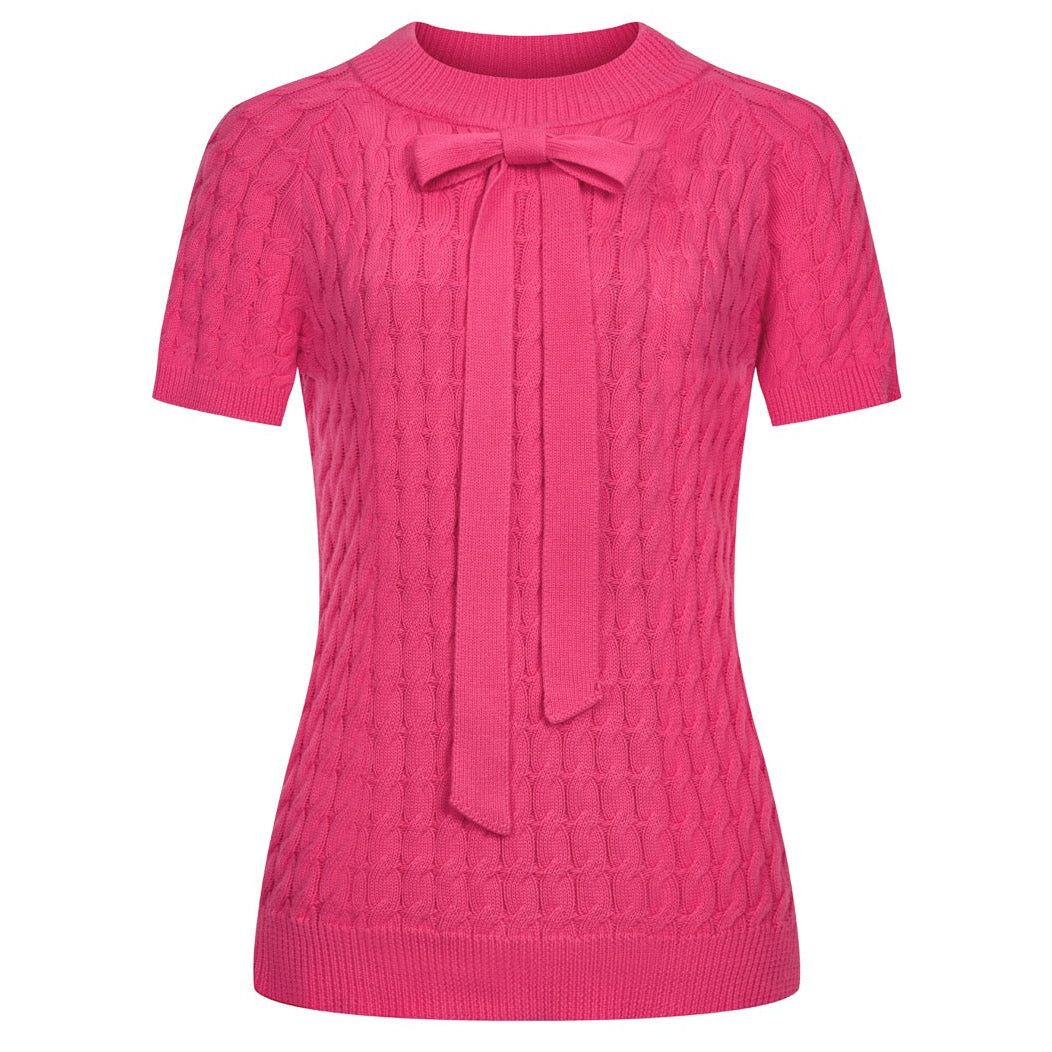 Rosa 70-tals höghalsad enkel stickad T-shirt för kvinnor