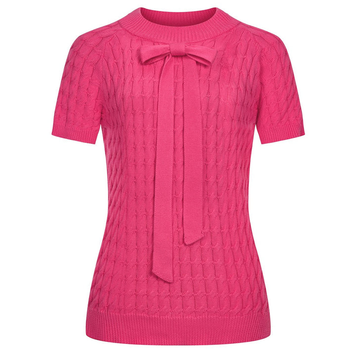 Rosa 70-tals höghalsad enkel stickad T-shirt för kvinnor