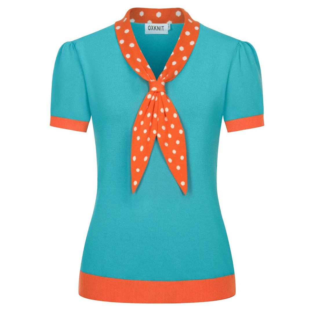 Dames Blauw-Groen Retro Polkadot Strik Gebreid T-Shirt