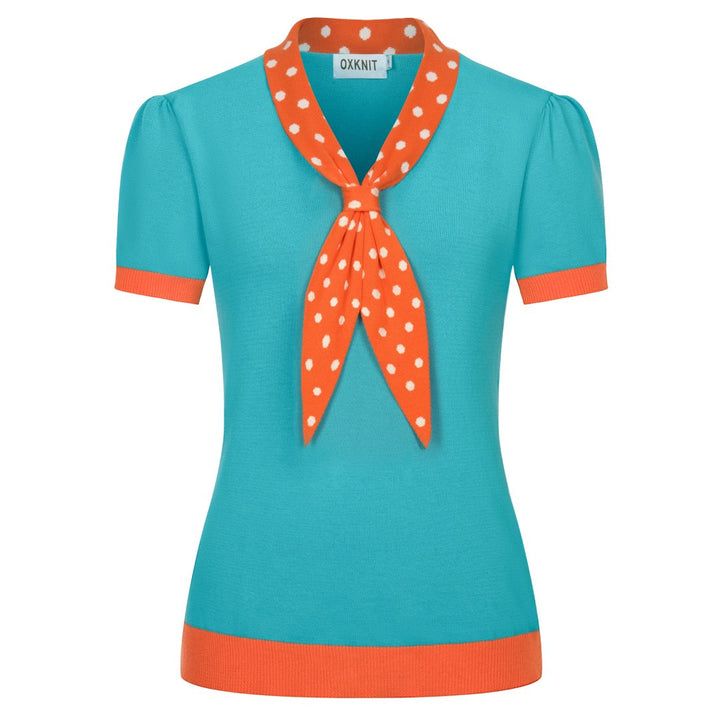 Dames Blauw-Groen Retro Polkadot Strik Gebreid T-Shirt